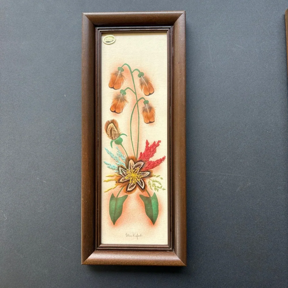Vintage Ellen Kiefert Prairie Pictures Feather Art Floral Framed Set of 2 MCM